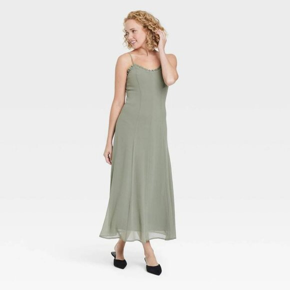 NEW - A New Day - Women's Chiffon Ruffle Maxi Dress - Sage - Med - Picture 1 of 8